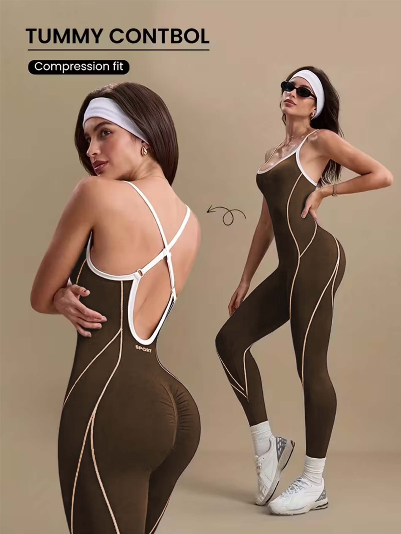 Pilates Ankle Strap - Combinaison de yoga marron pour femme,